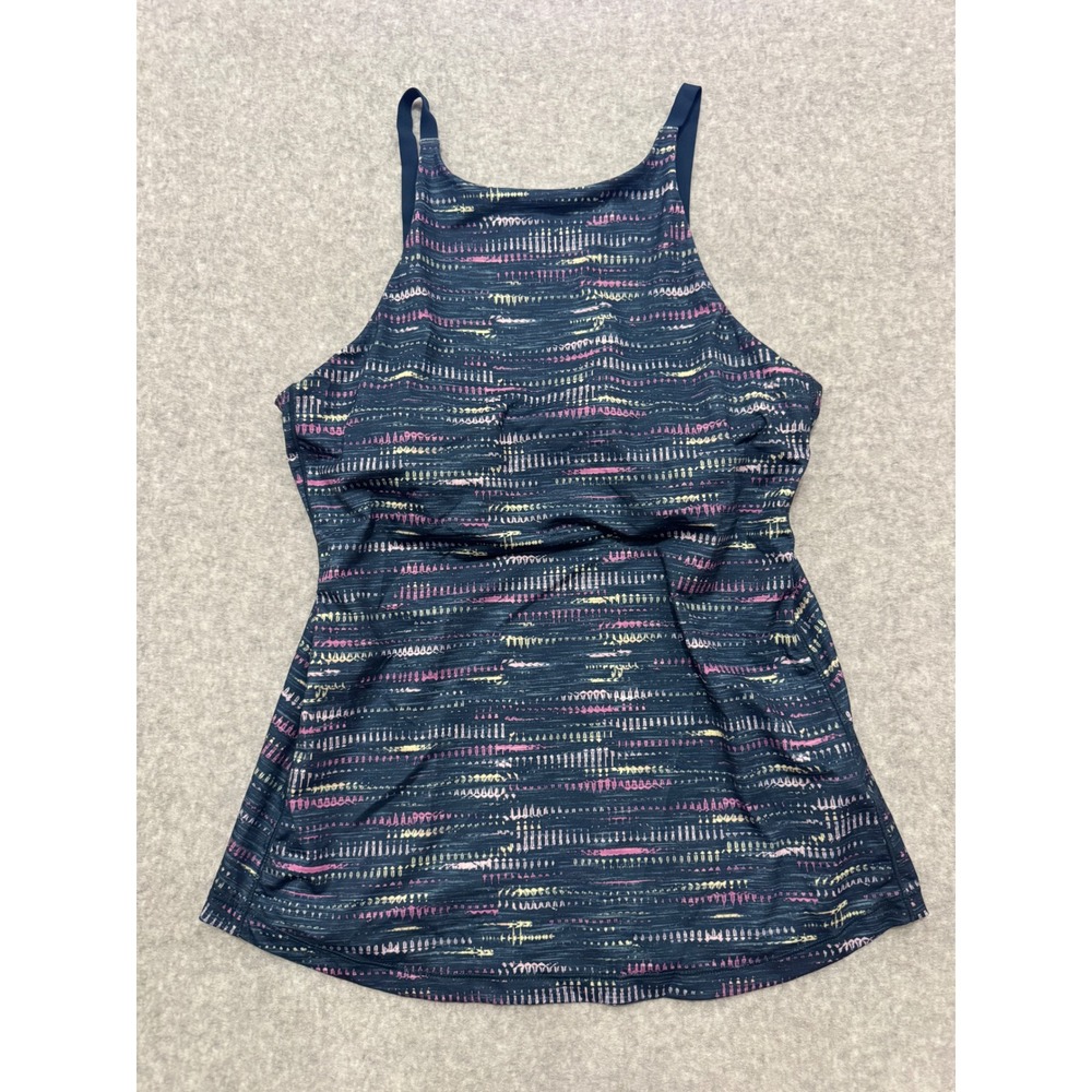 Prana Womens High Neck Exercise Workout Top Blue Abstract Print Shelf Bra Size S